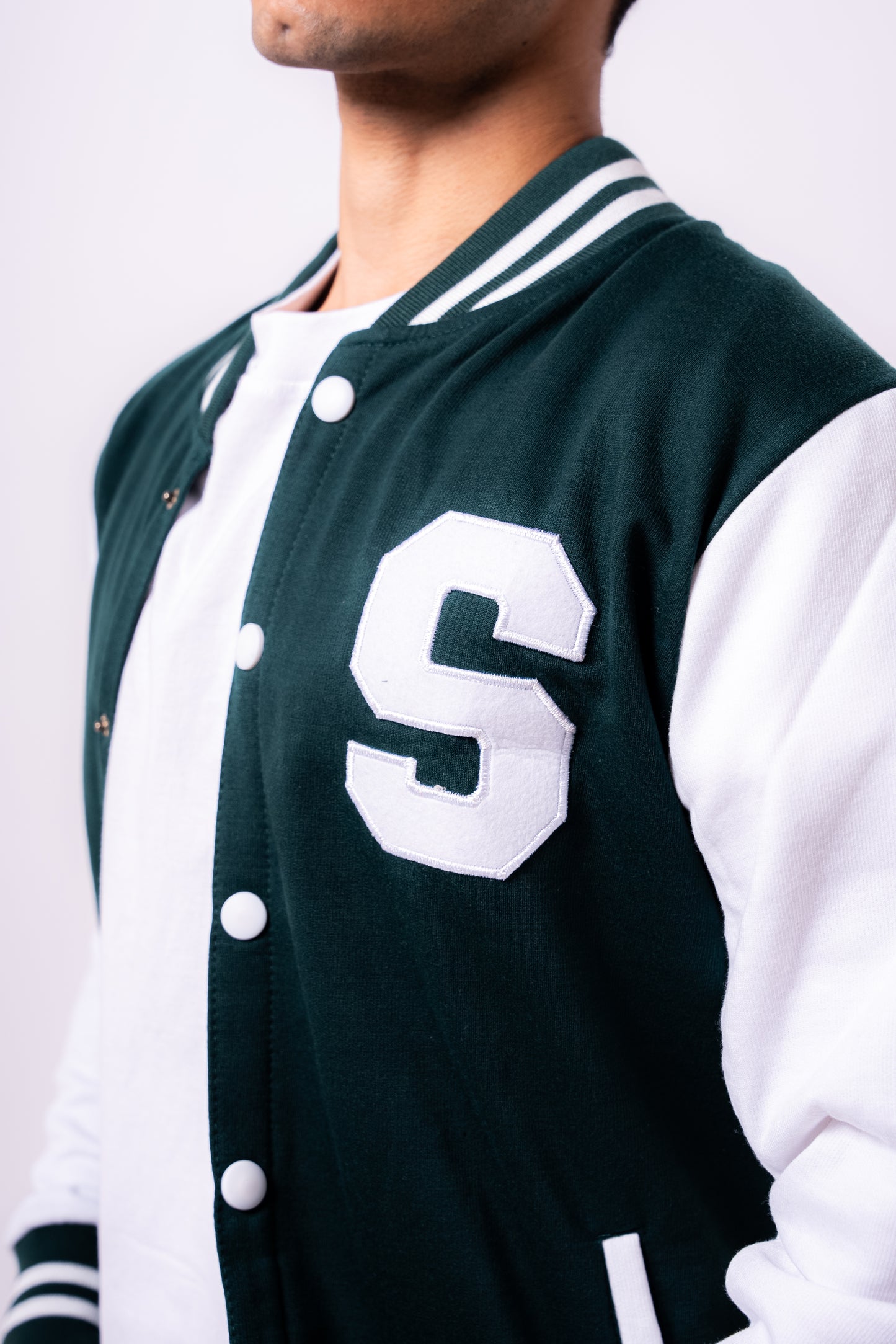 GREEN LETTER MAN VARSITY JACKET