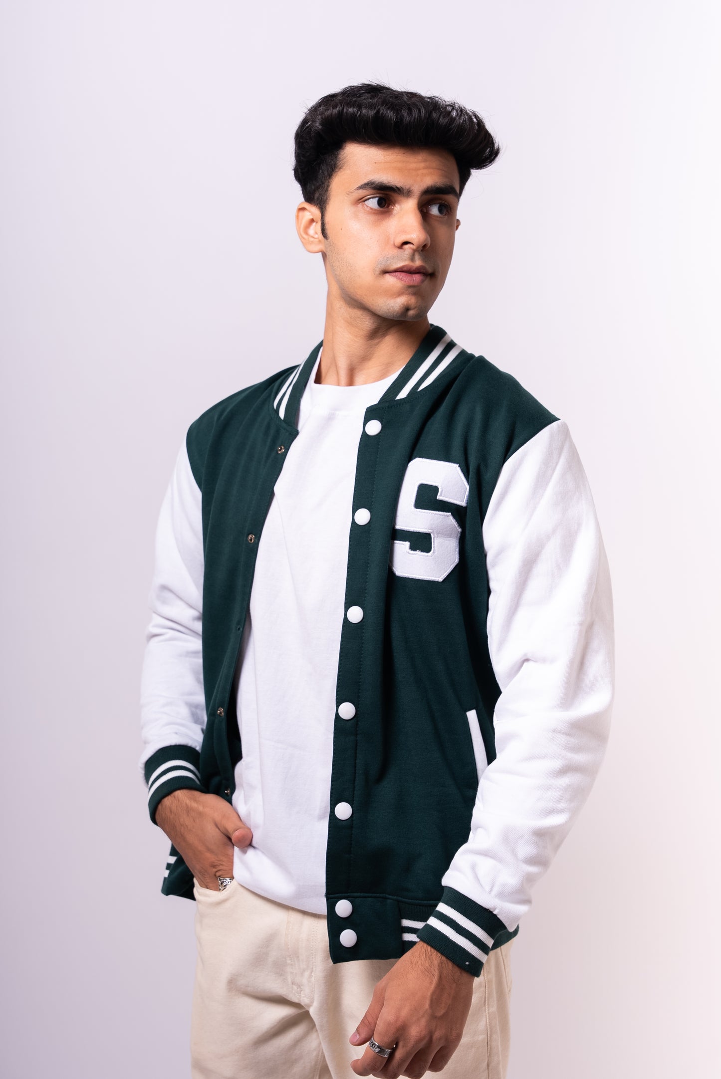 GREEN LETTER MAN VARSITY JACKET